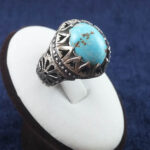 انگشتر نقره مردانه طرح طاووسی هفت پر با نگین فیروزه