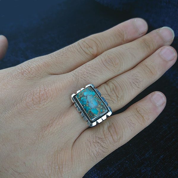 انگشتر نقره مردانه زنانه طرح آفاق با نگین فیروزه نیشابوری - Image 5