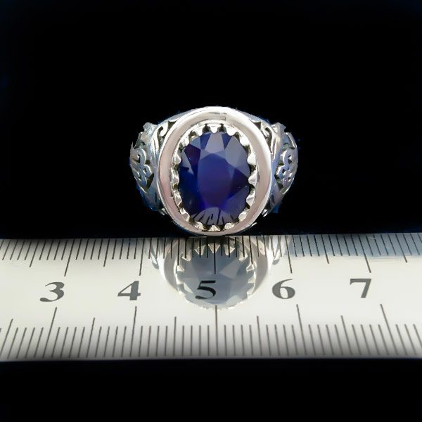 انگشتر نقره مردانه طرح شایان با نگین یاقوت کبود الماس تراش - Image 3