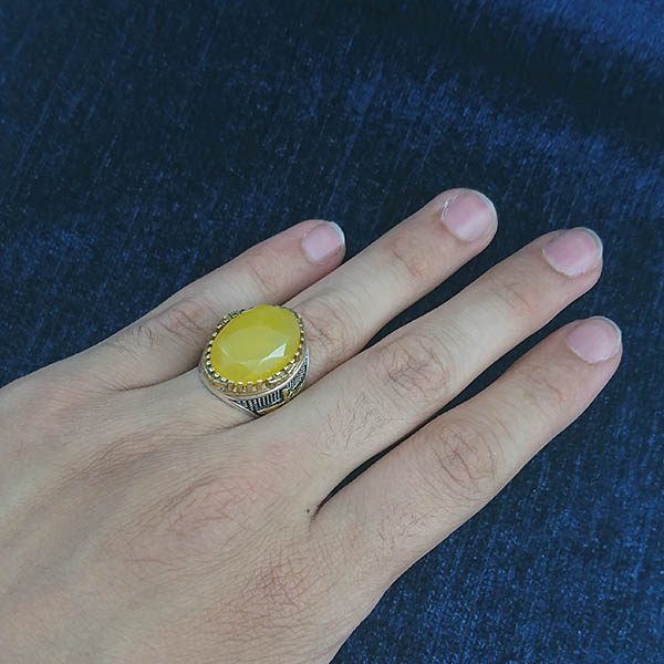 انگشتر نقره مردانه طرح فاخر دور طلایی پاسارگاد با سنگ الماس تراش شرف الشمس + حکاکی - Image 2