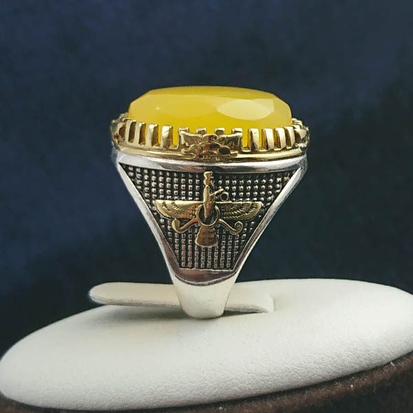 انگشتر نقره مردانه طرح فاخر دور طلایی پاسارگاد با سنگ الماس تراش شرف الشمس + حکاکی - Image 4