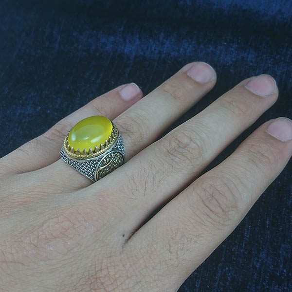 انگشتر نقره مردانه طرح آمدم ای شاه با سنگ شرف الشمس + حکاکی - Image 2