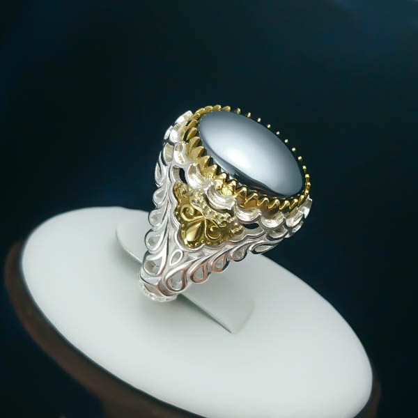 انگشتر نقره مردانه طرح دورطلایی مازیار با سنگ حدید صینی+حکاکی - Image 5