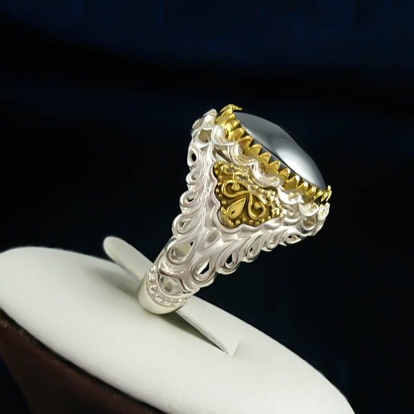 انگشتر نقره مردانه طرح دورطلایی مازیار با سنگ حدید صینی+حکاکی - Image 2