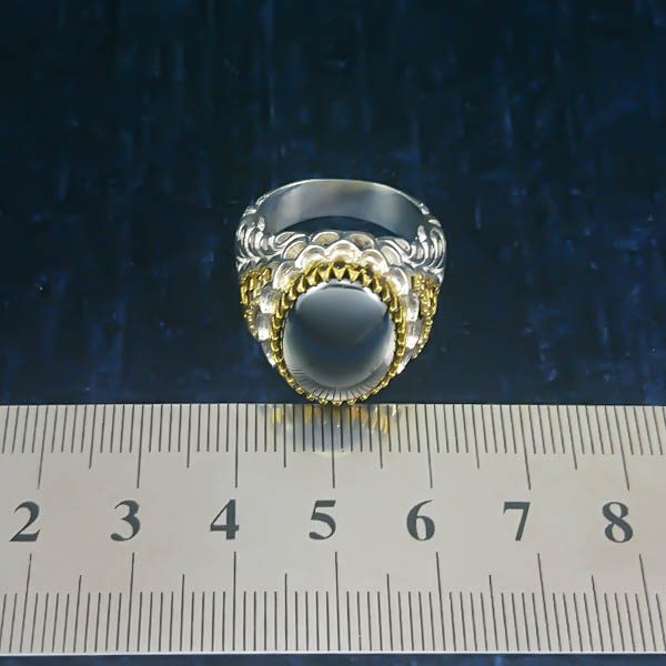 انگشتر نقره مردانه طرح دورطلایی مازیار با سنگ حدید صینی+حکاکی - Image 4