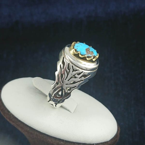 انگشتر نقره دست ساز مردانه طرح دور طلایی بهرام با سنگ فیروزه نیشابوری - Image 4