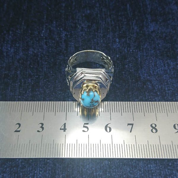 انگشتر نقره دست ساز مردانه طرح دور طلایی متین با سنگ فیروزه نیشابوری - Image 3