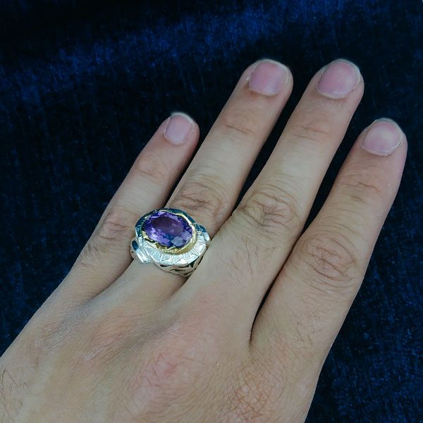 انگشتر آمیتیست الماس تراش نقره مردانه فاخر دست ساز طرح تورج - Image 3