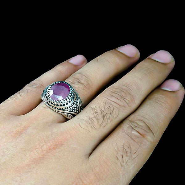 انگشتر نقره مردانه طرح جاوید با سنگ یاقوت سرخ الماس تراش - Image 3