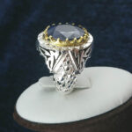 انگشتر نقره مردانه فاخر دست ساز طرح پژمان با نگین یاقوت کبود الماس تراش - Image 5