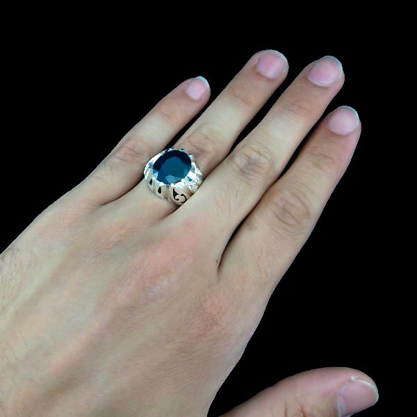 انگشتر نقره مردانه فاخر دست ساز طرح برزو با نگین یاقوت کبود الماس تراش - Image 2