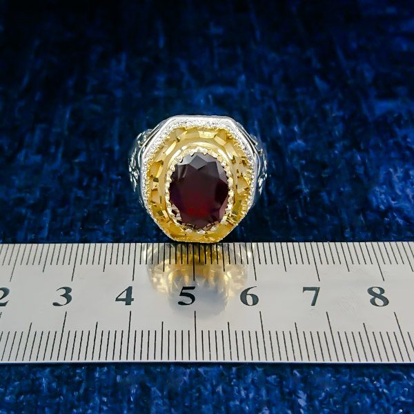 انگشتر نقره مردانه فاخر دست ساز طرح آرتین با سنگ گارنت الماس تراش - Image 4