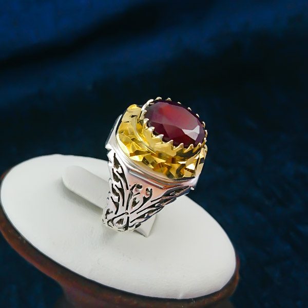 انگشتر نقره مردانه فاخر دست ساز طرح الوند با سنگ گارنت الماس تراش - Image 5