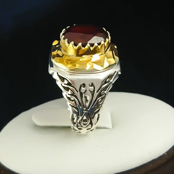 انگشتر نقره مردانه فاخر دست ساز طرح الوند با سنگ گارنت الماس تراش - Image 2