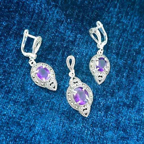 نیم ست نقره زنانه طرح ارنواز با سنگ آمیتیست الماس تراش - Image 4