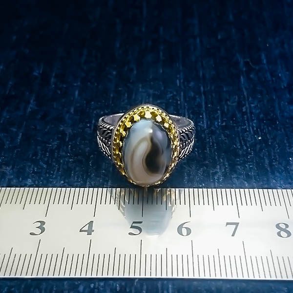 انگشتر نقره مردانه طرح خوشه ای دورطلایی با سنگ عقیق سلیمانی - Image 4