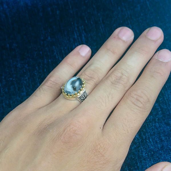 انگشتر نقره مردانه طرح خوشه ای دورطلایی با سنگ عقیق سلیمانی - Image 5