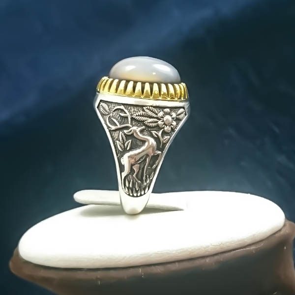 انگشتر نقره مردانه طرح یا ضامن آهو با سنگ عقیق سلیمانی - Image 7