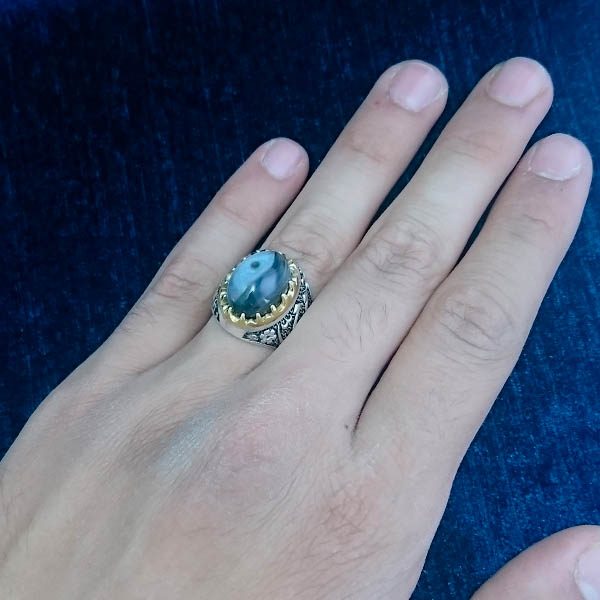 انگشتر نقره مردانه طرح یا محمد با سنگ عقیق سلیمانی - Image 3