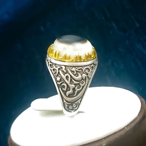 انگشتر نقره مردانه طرح یا علی یا فاطمه با سنگ عقیق سلیمانی (باباقوری) - Image 6