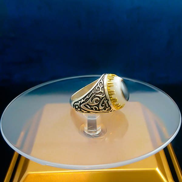 انگشتر نقره مردانه طرح یا علی یا فاطمه با سنگ عقیق سلیمانی (باباقوری) - Image 3