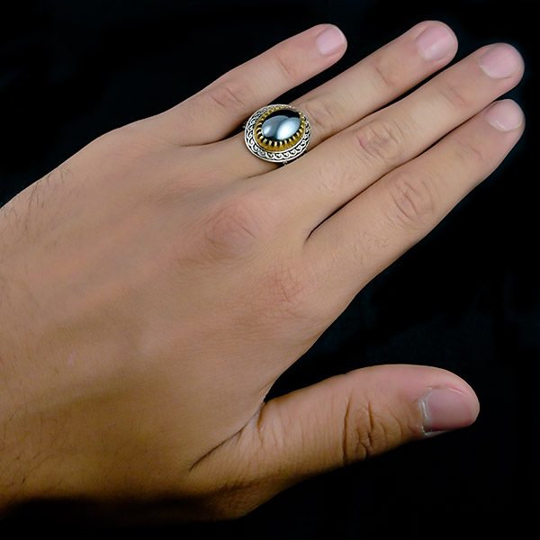 انگشتر نقره مردانه طرح پریام با سنگ حدید صینی+حکاکی - Image 2