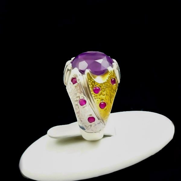 انگشتر نقره طرح حامی با سنگ آمیتیست الماس تراش - Image 2