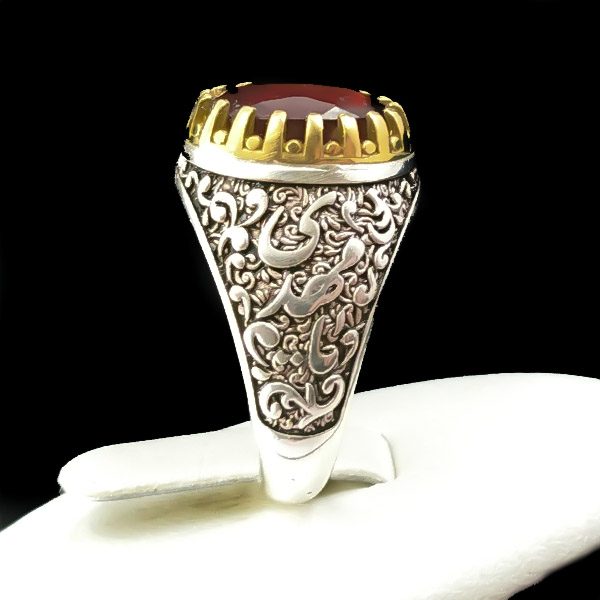 انگشتر نقره مردانه طرح یا مهدی با سنگ گارنت الماس تراش - Image 2