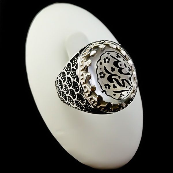 انگشتر نقره مردانه طرح صدفی با سنگ در نجف + حکاکی الحمدلله - Image 7