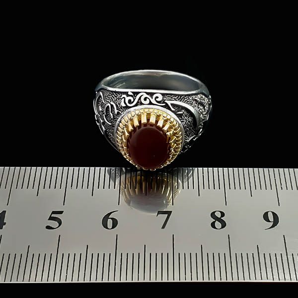 انگشتر نقره مردانه طرح یا حسین با سنگ عقیق یمنی سرخ - Image 4