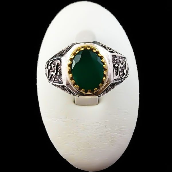 انگشتر نقره مردانه طرح حیدر امیرالمومنین با سنگ زمرد الماس تراش - Image 2