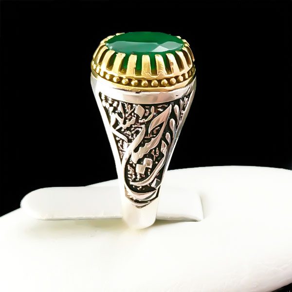انگشتر نقره مردانه طرح سلام بر حسین با سنگ زمرد الماس تراش - Image 5