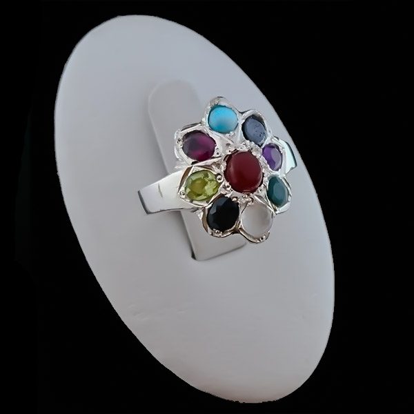 ۱۰-۱-۰۰۷ several-stones-ring (3) انگشتر حدید فیروزه عقیق سرخ یاقوت کبود زمرد زبرجد آمیتیست گارنت زنانه نقره صفوی