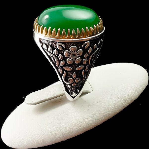 انگشتر نقره مردانه طرح آراسته با سنگ عقیق سبز - Image 5