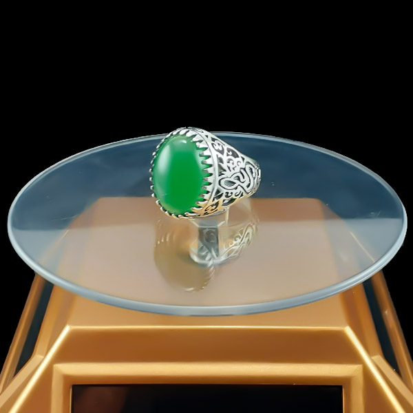 انگشتر نقره مردانه طرح فانتزی یا علی با سنگ عقیق سبز اصلی - Image 2
