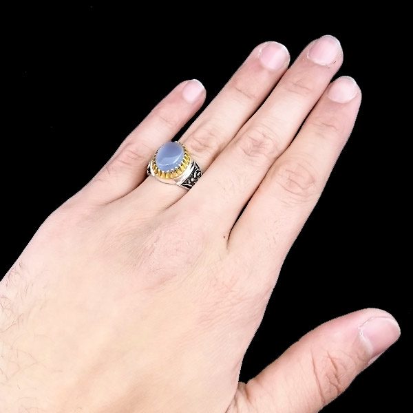 انگشتر نقره مردانه طرح یا زینب کبری با سنگ عقیق کبود یمنی - Image 2