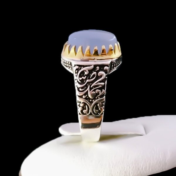 انگشتر نقره مردانه طرح یا محمد (ص) با سنگ عقیق کبود یمنی - Image 6