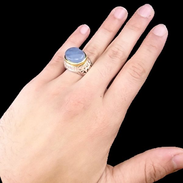 انگشتر نقره مردانه دست ساز فاخر طرح دور طلایی آژمان با سنگ عقیق کبود یمنی - Image 3