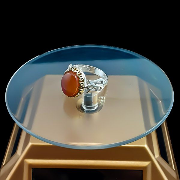 انگشتر نقره مردانه طرح دور طلایی باربد با سنگ عقیق یمنی سرخ - Image 3