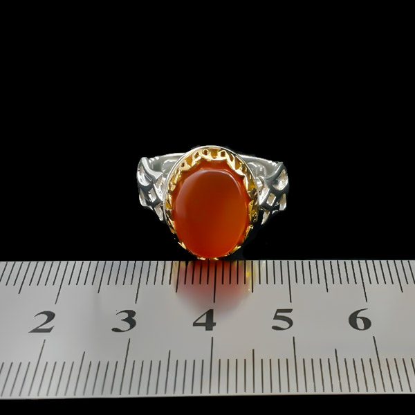 انگشتر نقره مردانه طرح دور طلایی باربد با سنگ عقیق یمنی سرخ - Image 2