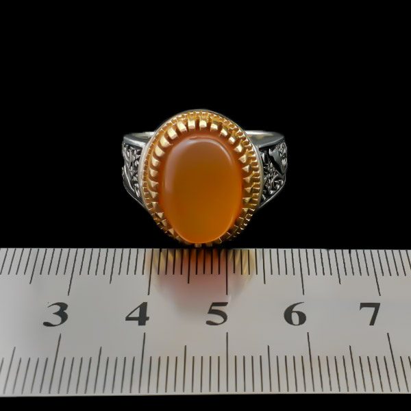 انگشتر نقره مردانه طرح دور طلایی بایگان با سنگ عقیق یمنی سرخ - Image 4