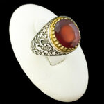 انگشتر نقره مردانه طرح دور طلایی یا مهدی با سنگ گارنت الماس تراش