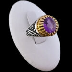 انگشتر نقره مردانه طرح دور طلایی فانتزی سلام بر حسین با سنگ آمیتیست الماس تراش