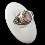 انگشتر نقره مردانه طرح دور طلایی حیدر امیر المومنین با سنگ آمیتیست الماس تراش