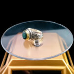 انگشتر نقره مردانه طرح دور طلایی فانتزی یا محمد با سنگ زمرد الماس تراش - Image 5