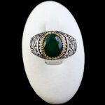 انگشتر نقره مردانه طرح دور طلایی فانتزی یا محمد با سنگ زمرد الماس تراش - Image 2