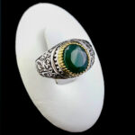 انگشتر نقره مردانه طرح دور طلایی فانتزی یا محمد با سنگ زمرد الماس تراش