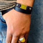 دستبند شرف الشمس نقره چرم طبیعی سرمه ای بلند کلاسیک + حکاکی