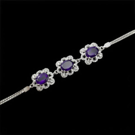 دستبند آمیتیست الماس تراش نقره زنانه طرح گلچین