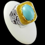 انگشتر نقره فیروزه نیشابوری دست ساز مردانه طرح دورطلایی فاخر بهنیا‌‌‌